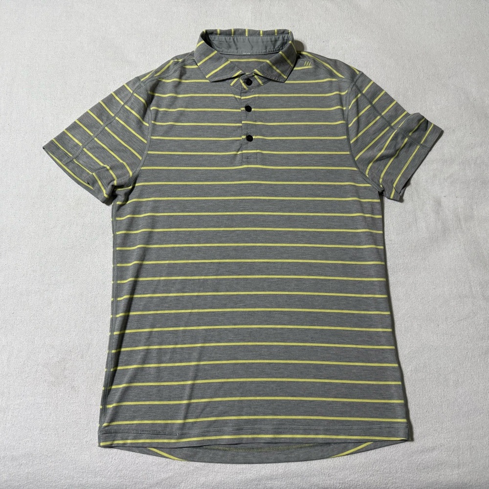 Lululemon Mens Medium Shirt Polo Gray‎ Yellow Athletic Stretch Tech Short Sleeve